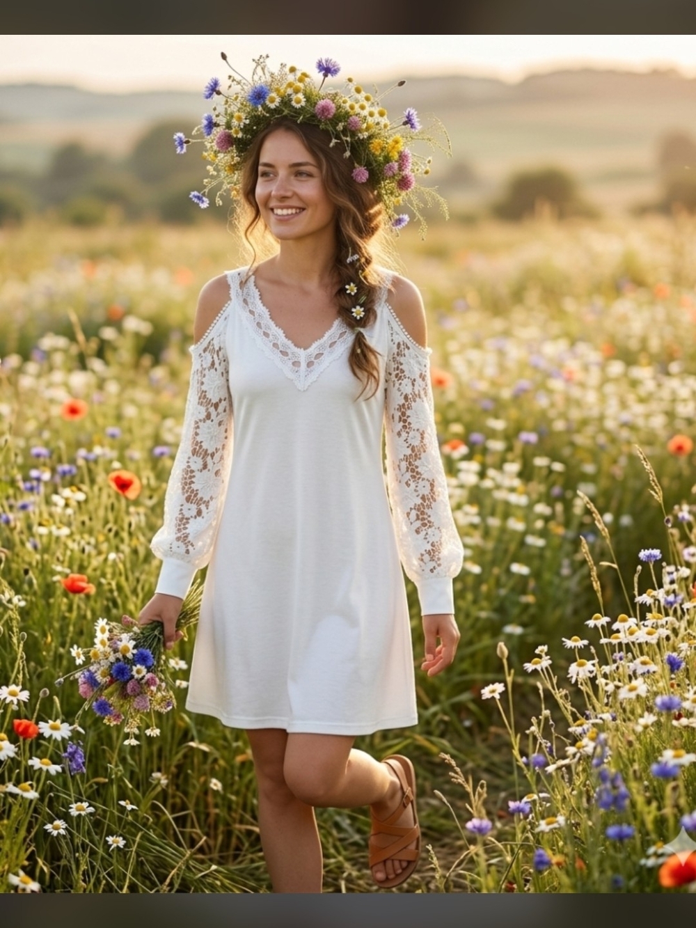 CHICME White Cold-Shoulder Lace-Sleeve Mini Dress – Elegant Floral Boho' US Xl